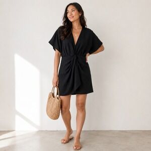 H&M Black V Neck Twist Front Flutter Sleeve Mini Dress Size M‎ (N635)
